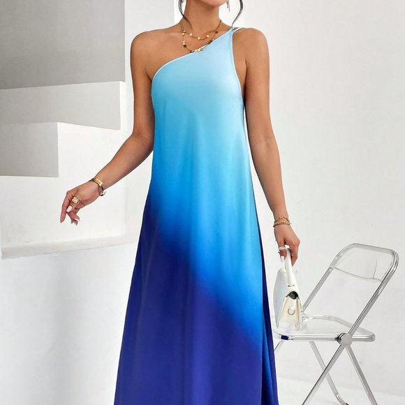 Blue Boho Womens Ombre One Shoulder Maxi Dress - Picture 3 of 5